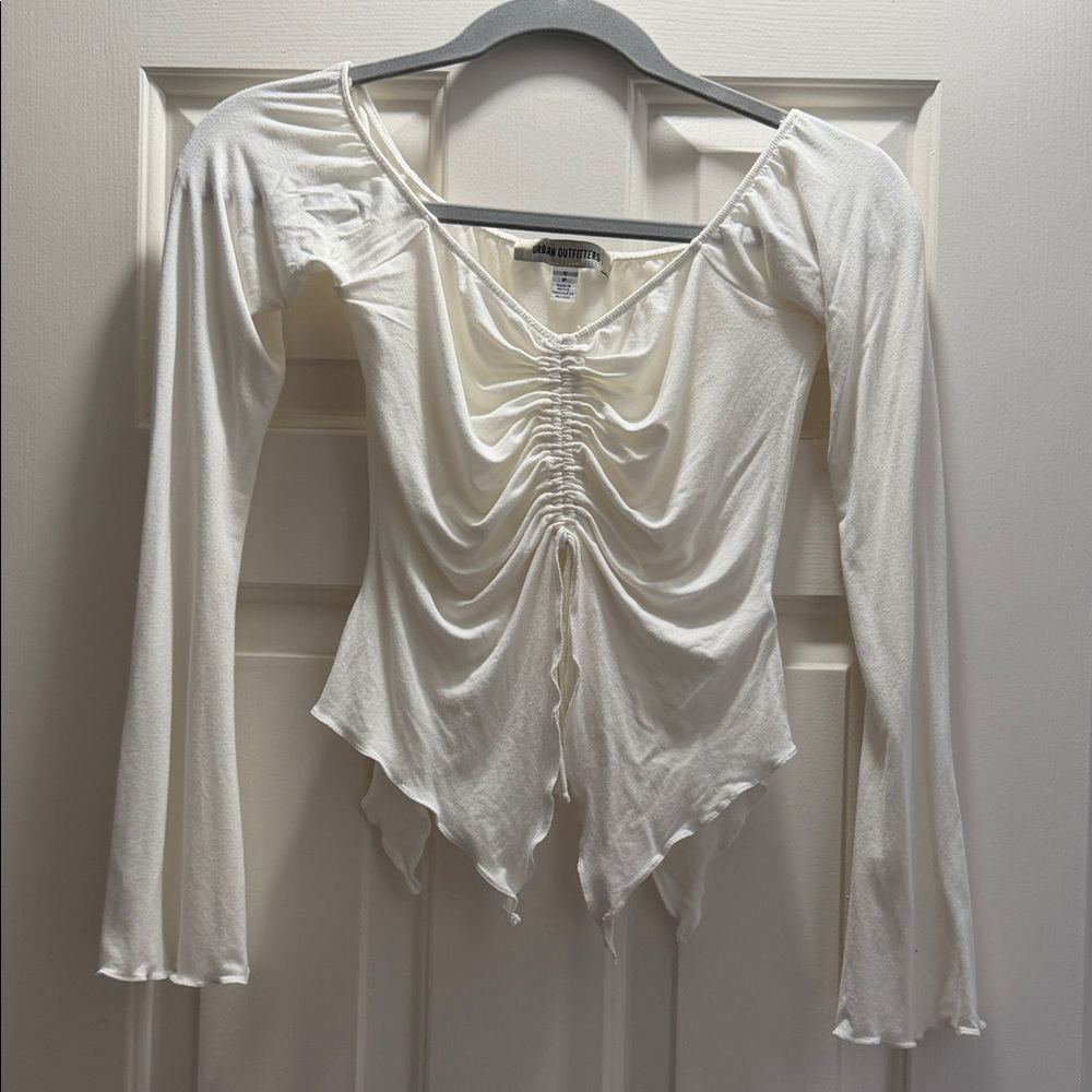 Urban Outfitters Ivory Ruched Drawstring Long-Sleeve Top